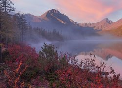 Góry Kołymskie, Masyw Angachak, Jezioro Nevidimka, Mgła, Drzewa, Kolorowe, Rośliny, Jesień, Kołyma, Rosja