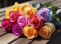 Kolorowe róże na deskach w słonecznym blasku