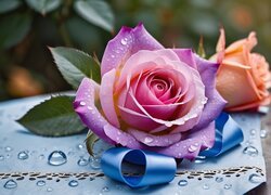 Kolorowe róże na serwetce i krople wody