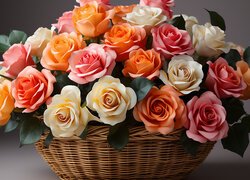 Kolorowe róże w wiklinowym koszyku