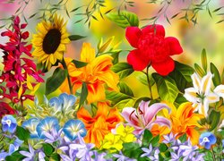 Kwiaty, Lilie, Słonecznik, Grafika