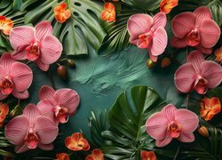 Storczyki, Orchidee, Kwiaty, Liście, Monstera