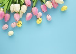 Wielkanoc, Kwiaty, Tulipany, Kolorowe, Jajeczka, Niebieskie, Tło