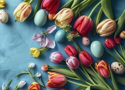 Wielkanoc, Kolorowe, Pisanki, Czerwone, Żółte, Tulipany
