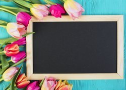 Kolorowe, Tulipany, Tabliczka, Niebieskie, Deski