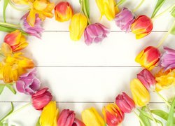 Kolorowe tulipany ułożone w kształt serca na deskach