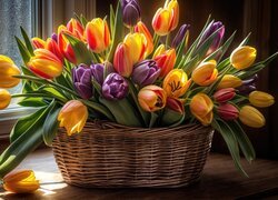 Kolorowe tulipany w koszyku przy oknie