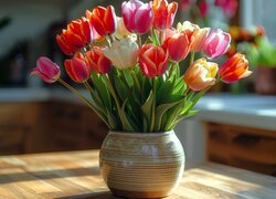 Kwiaty, Tulipany, Kolorowe, Wazon, Stół