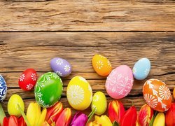 Wielkanoc, Kolorowe, Pisanki, Tulipany, Deski
