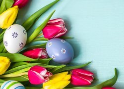 Wielkanoc, Żółte, Różowe, Tulipany, Pisanki, Deski