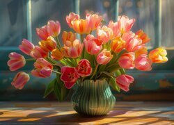 Kolorowy bukiet tulipanów w wazonie przy oknie