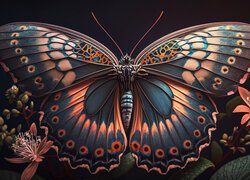 Kolorowy, Motyl, Rozpostarte, Skrzydła, Kwiaty, Grafika