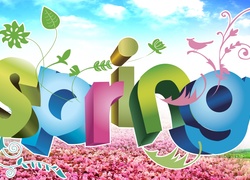 Kolorowy napis spring nad wiosenną łąką w grafice 2D