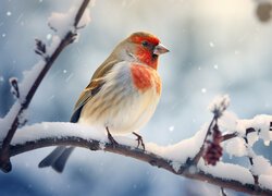 Zima, Gałęzie, Ptak, Śnieg
