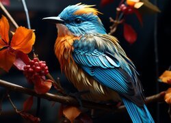 Kolorowy ptak na ukwieconej gałązce na ciemnym tle