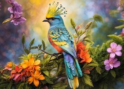 Kolorowy ptak z czubem na ukwieconej gałązce