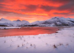 Zima, Góry, Rzeka, Zachód słońca, Norwegia