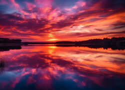Kolorowy zachód słońca nad jeziorem