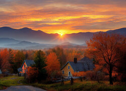 Kolorowy zachód słońca nad lasem i zamglonymi górami jesienią