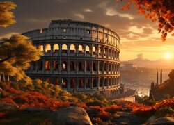 Amfiteatr, Koloseum, Ruiny, Zachód słońca, Grafika, Drzewa