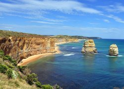 Australia, Park Narodowy Port Campbell, Cieśnina Bassa, Kolumny wapienne, Dwunastu Apostołów, Klif, Ocean, Plaża, Niebo, Skały,   Morze