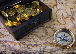 Pudełko, Mapa, Monety, Kompas