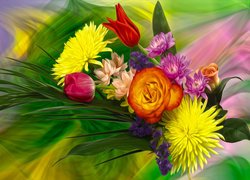 Kwiaty, Bukiet, Grafika, Kolorowe tło