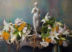 Kwiaty, Lilie, Stolik, Figurka, Kompozycja