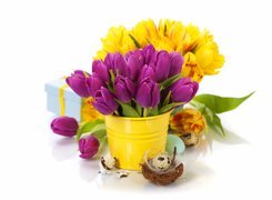 Tulipany, Wiaderko, Gniazdo, Jajeczka, Prezent, Wielkanoc