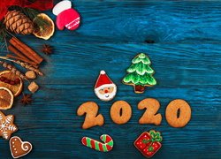 Świąteczna, Kompozycja, Ciasteczka, Pierniczki, Pomarańcze, Plastry, Cynamon, Niebieskie, Deski, Nowy Rok, 2020