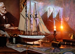 Kompozycja z portretem Juliusza Vernea oraz książkami, mapami i statkami