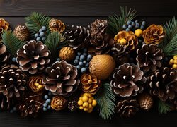 Kompozycja, Grafika, Szyszki, Liście, Jagody
