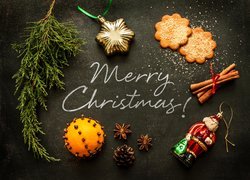 Kompozycja, Boże Narodzenie, Życzenia, Merry Christmas, Pomarańcza, Bombki, Cynamon, Ciastka