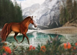 Koń, Rzeka, Góry, Grafika 2D