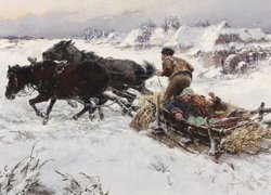 Konie ciągnące sanie z kobietami na obrazie Jarosława Weszina