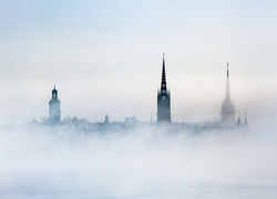 Kościół na wyspie Riddarholmen we mgle