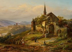Obraz, Malarstwo, Peter Joseph Minjon, Kościół, Ludzie, Góry, Wzgórza