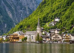 Kościół, Domy, Jezioro Hallstattersee, Góry, Hallstatt, Austria