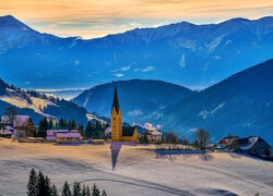 Austria, Karyntia, Góry, Zima, Kościół, Domy