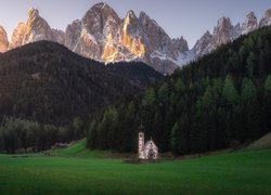 Kościół pod drzewami w dolinie Val di Funes w Dolomitach