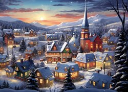 Grafika, Zima, Wioska, Domy, Kościół, Drzewa, Oświetlenie