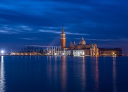 Włochy, Wenecja, Wyspa San Giorgio, Żaglówki, Noc, Latarnia, Światło, Kościół San Giorgio Maggiore