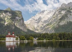 Kościół, Sanktuarium Św Bartłomieja, Jezioro, Koenigssee, Góry, Bawaria, Niemcy