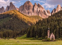 Włochy, Południowy Tyrol, Góry, Dolomity, Kościół św Jana, Wieś, Santa Maddalena, Dolina Val di Funes, Drzewa, Łąka