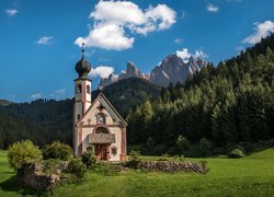 Kościół św Jana w dolinie Val di Funes na tle lasu i gór