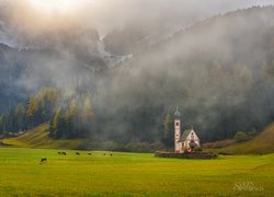 Kościół św. Jana w zamglonej dolinie Val di Funes