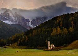 Dolina Val di Funes, Kościół św. Jana, Lasy, Góry, Dolomity, Włochy