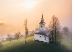 Kościół św Primusa i Felicjana, Przebijające światło, Mgła, Wzgórze, Góry, Drzewa, Jesień, Wieś Jamnik, Słowenia