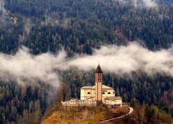 Wzgórze, Kościół, Las, Mgła, Castello Molina di Fiemme, Włochy