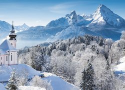 Zima, Góry, Las, Kościół, Droga, Samochód, Berchtesgaden